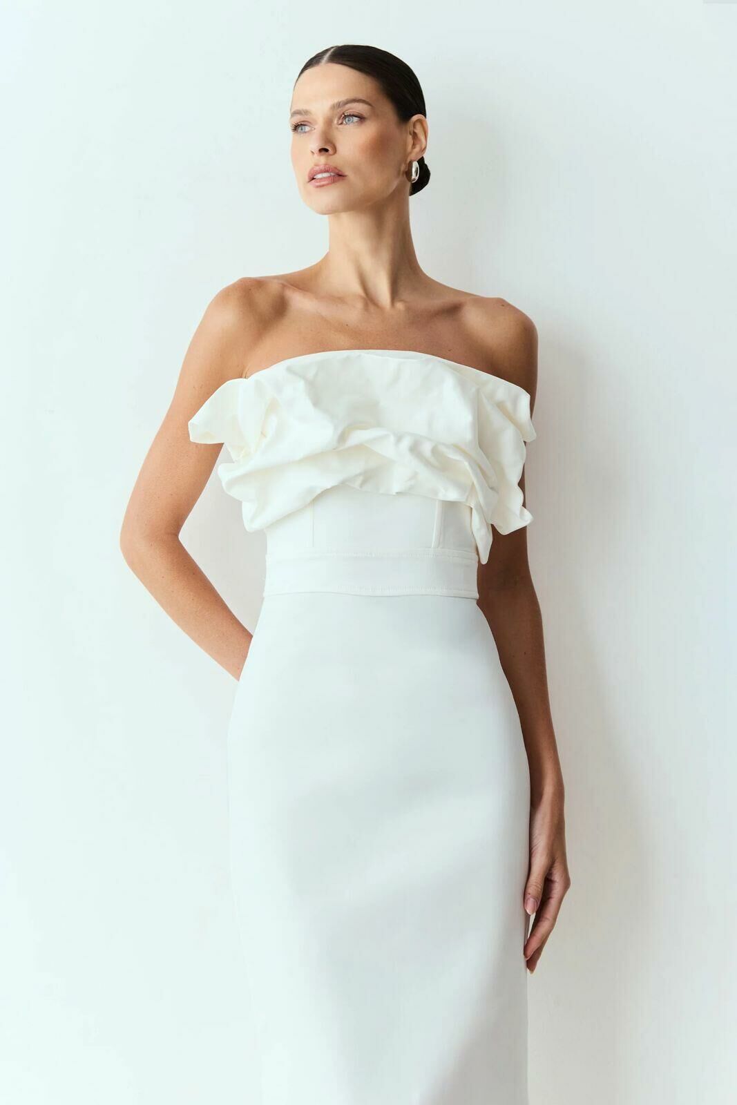 Imagem de Vestido Mídi Sobreposição Drapeada Decote Off White Zen